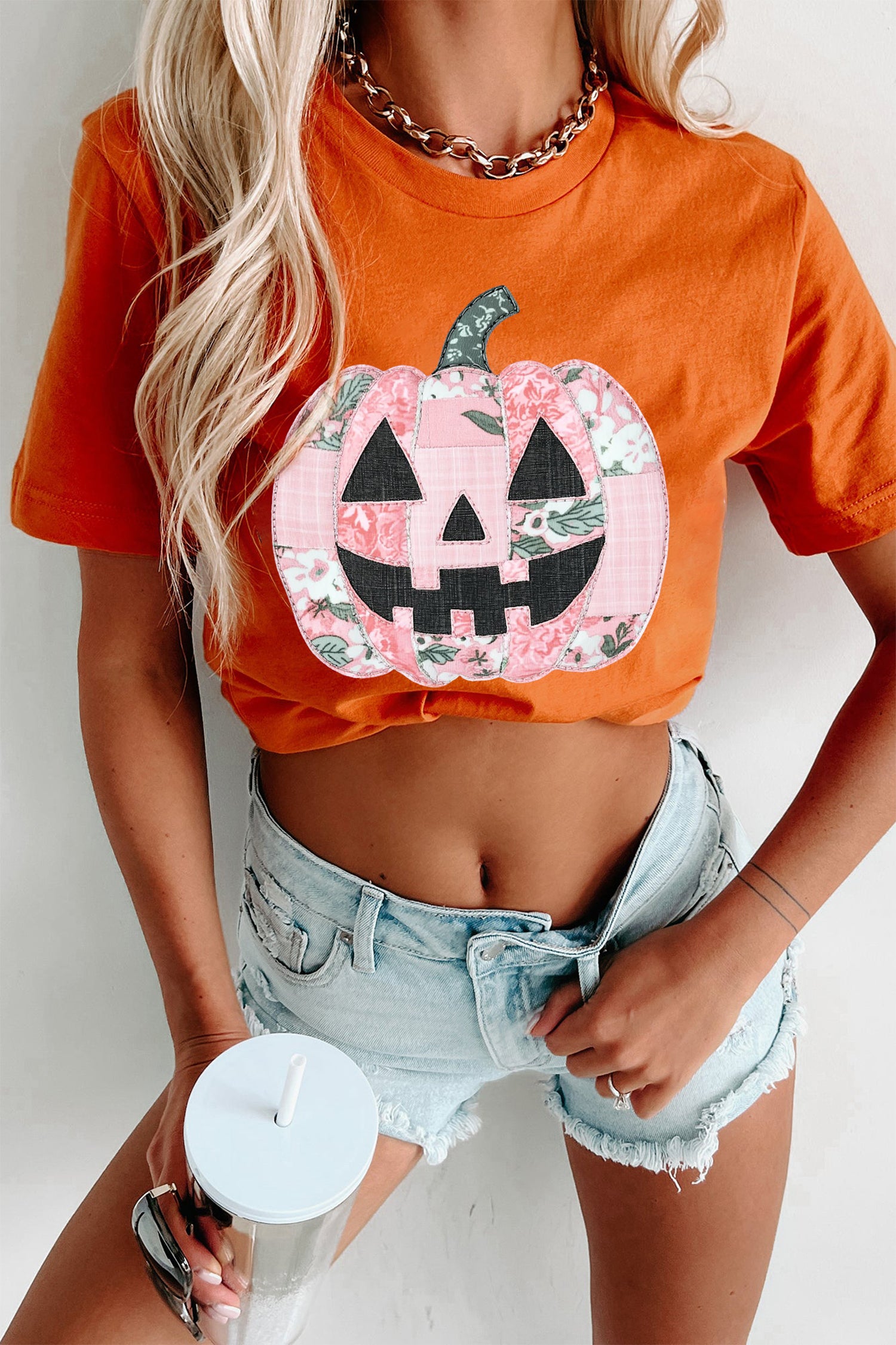 Orange Patchwork Pumpkin Graphic Short Sleeve Round Neck Tee
