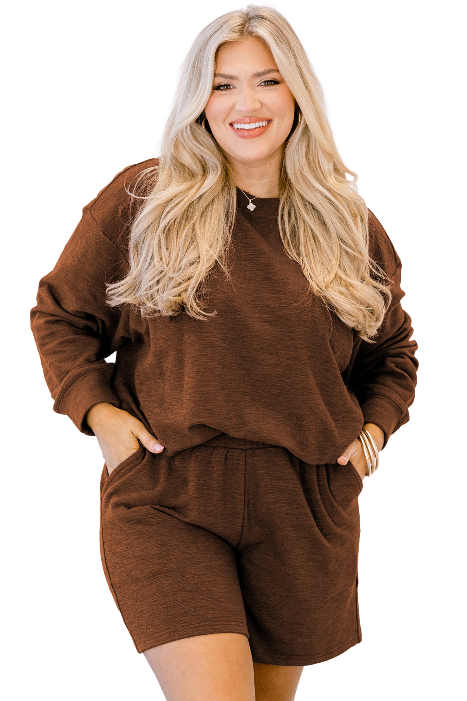 Chestnut Drop Shoulder Long Sleeve Top Elastic Waist Shorts Plus Size Set
