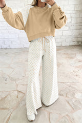 Khaki Polka Dot Patchwork Colorblock Long Sleeve Casual Two Piece Pants Set