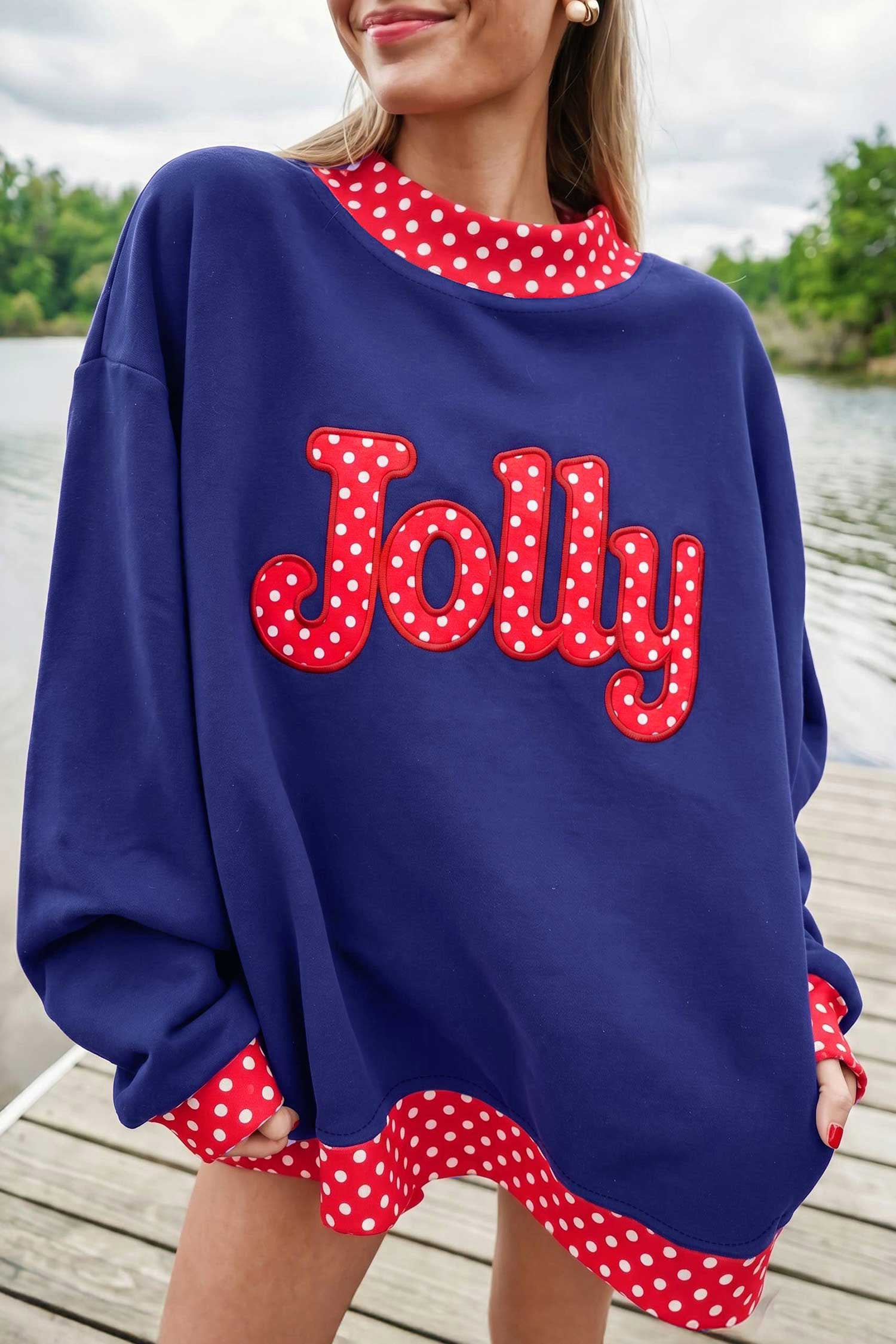 Sail Blue Polka Dot Letter Print Contrast Trim Mock Neck Sweatshirt