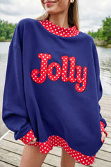 Sail Blue Polka Dot Letter Print Contrast Trim Mock Neck Sweatshirt