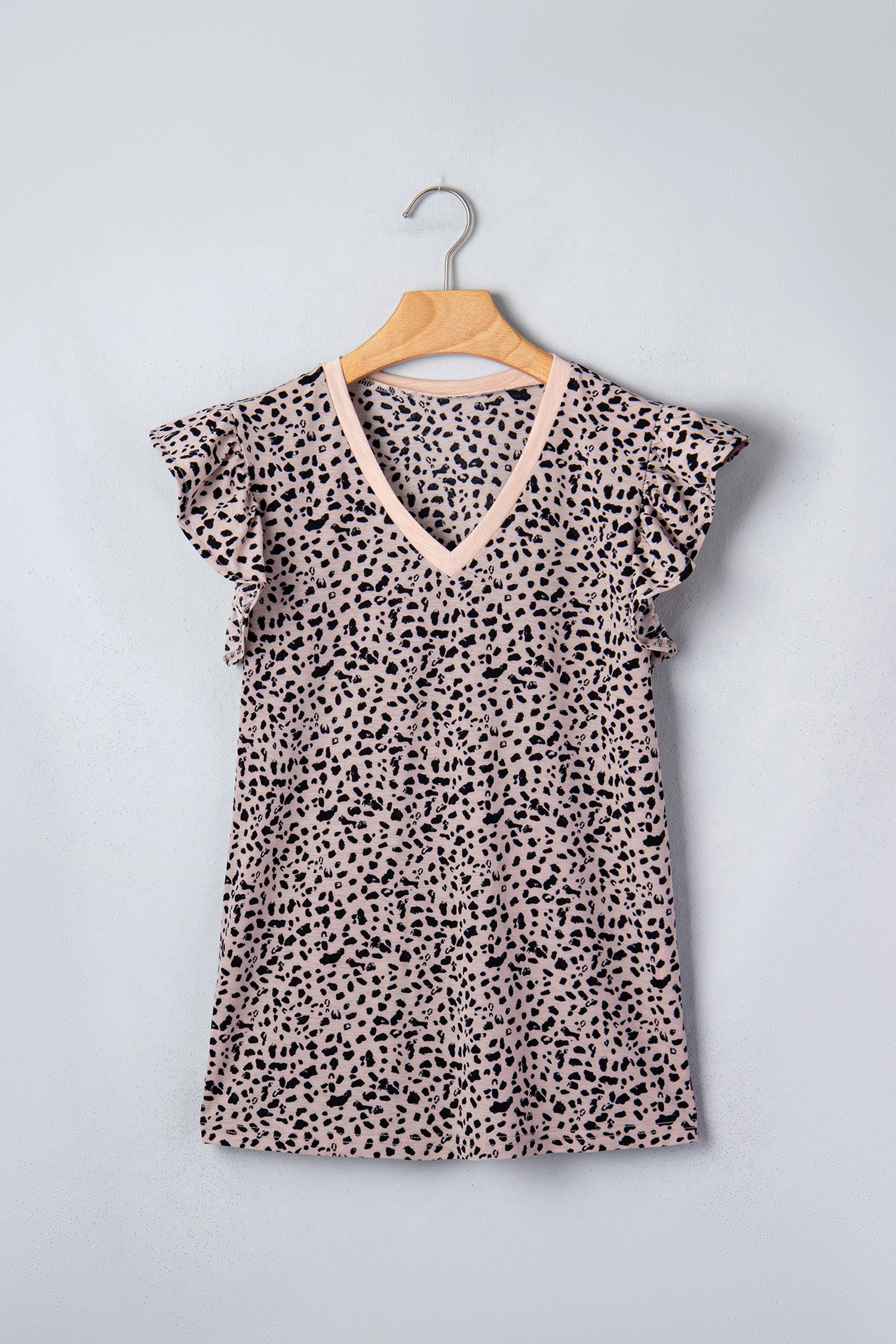 Black Cheetah Print V Neck Ruffle Trim Loose Tank Top