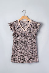Black Cheetah Print V Neck Ruffle Trim Loose Tank Top