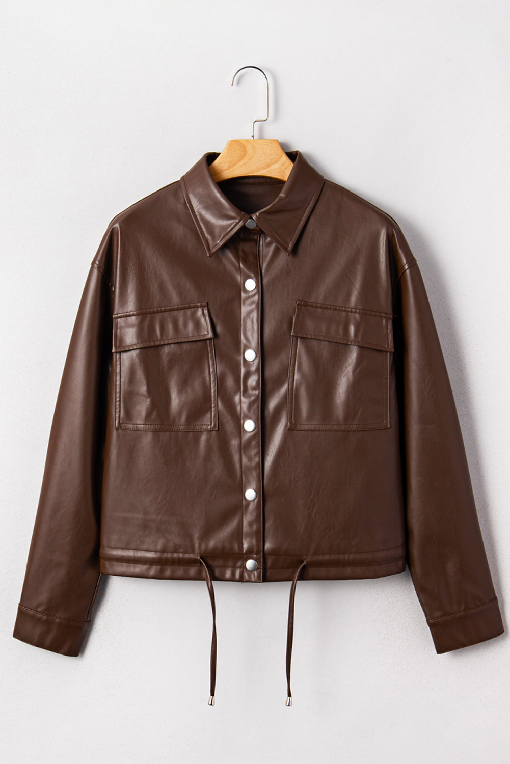 Chicory Coffee Flap Pocket Drawstring Hem Leather Jacket