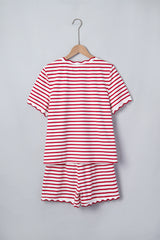 Red Stripe Scallop Trim Casual Top 2pcs Short Set