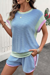 Beau Blue Corded Knit Contrast Trim Round Neck Cap Sleeve 2pcs Short Set
