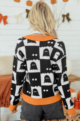 Black Geometric Ghost Print Drop Shoulder Knit Cardigan