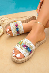 Parchment Bohemian Vacation Woven Colorful Detail Wide Band Slippers