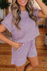 Purple Stripe Breathable Textured Knit Short 2pcs Set