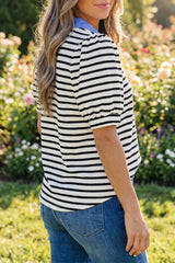 Black Stripe Short Puff Sleeve Color Block Polo Collar Blouse