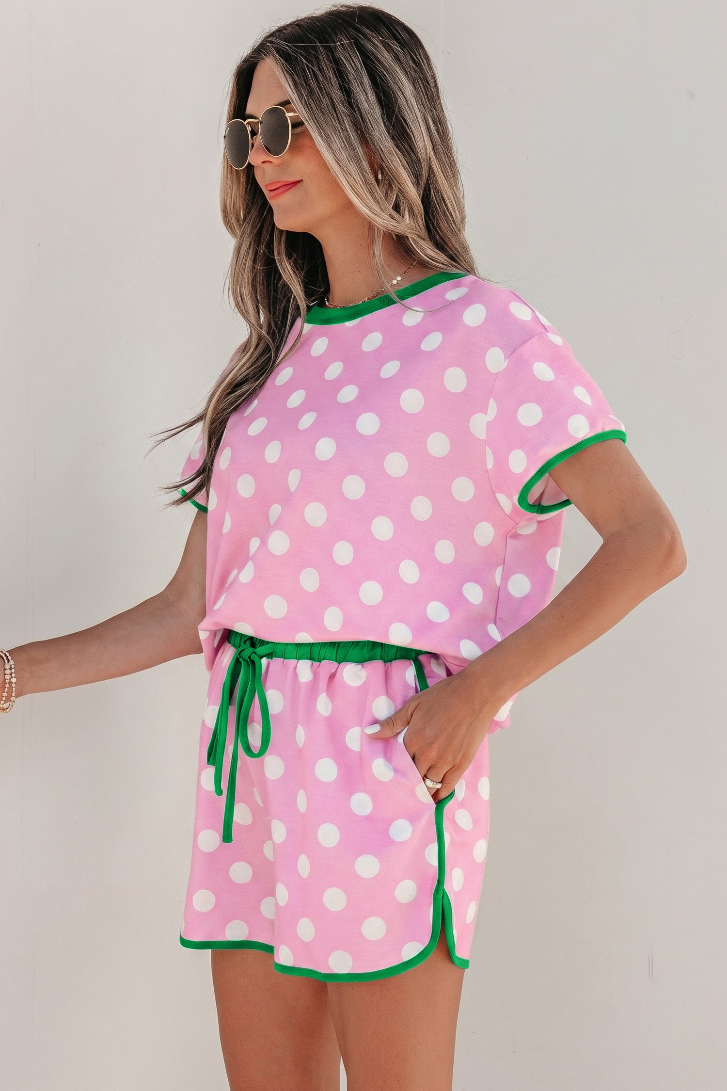 Pink Polka Dot Contrast Edge Casual Short Set