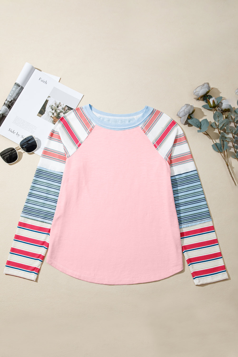 Pink Striped Colorblock Long Sleeve Top