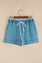 Beau Blue Contrast Drawstring Elastic Waistband Denim Shorts
