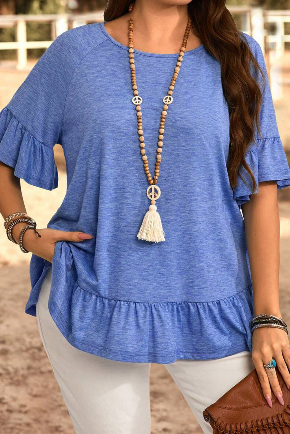 Light Blue Ruffled Short Sleeve Plus Size Casual Blouse