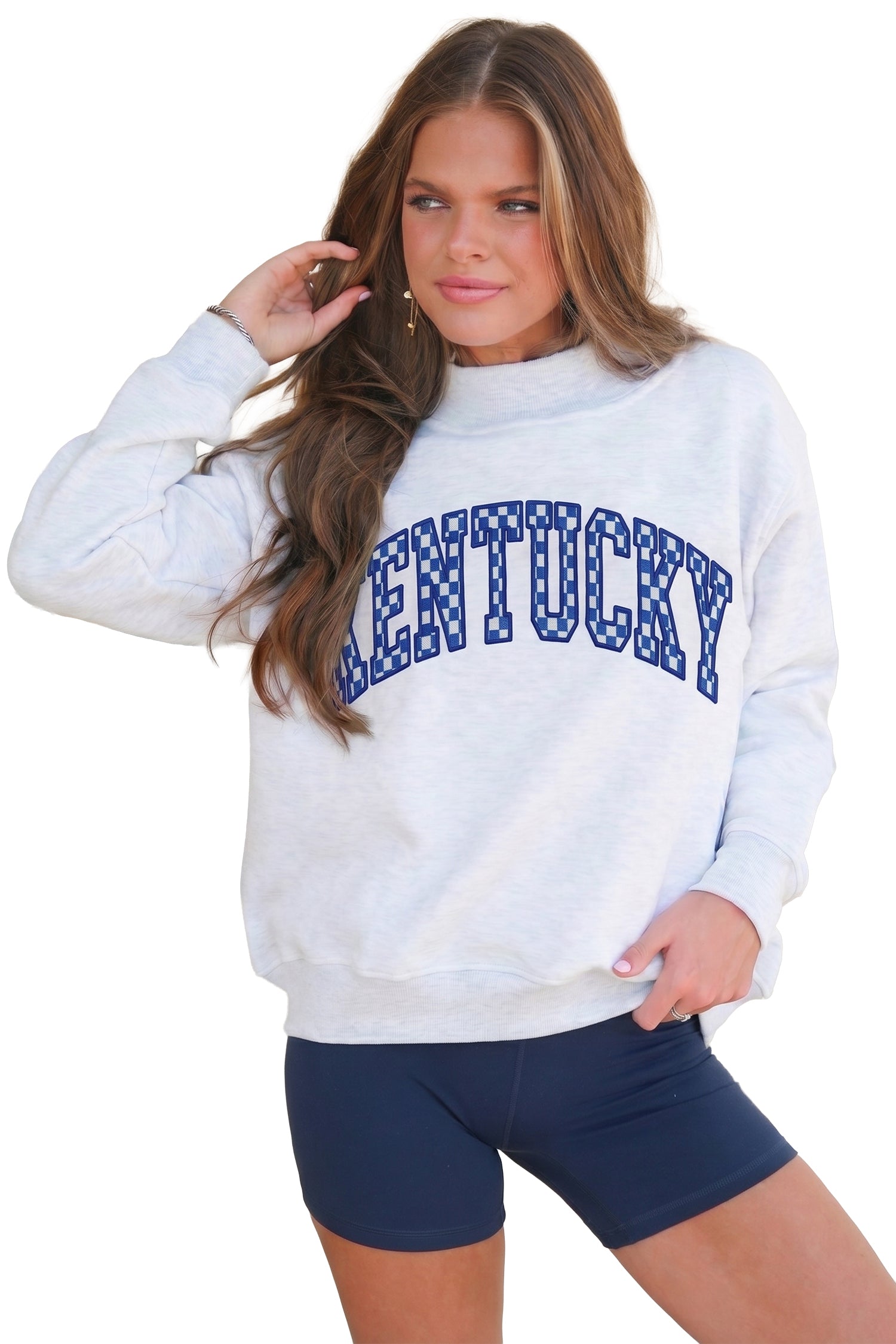 Light Grey High Neck Embroidered Checkered Letter Game Day Sweatshirt