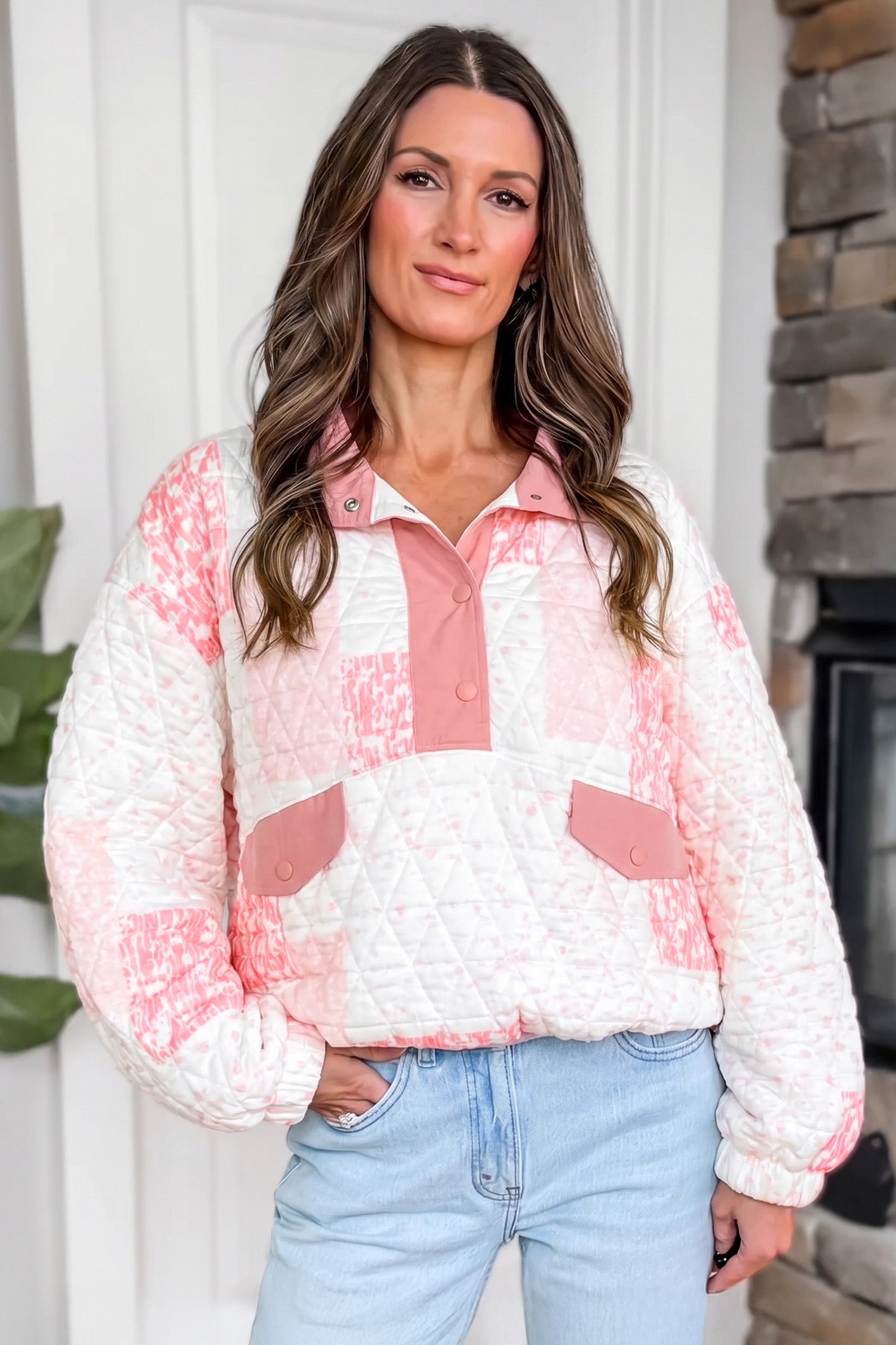 Multicolour Floral Quilted Half Button Pocketed Pullover Sweatshirt