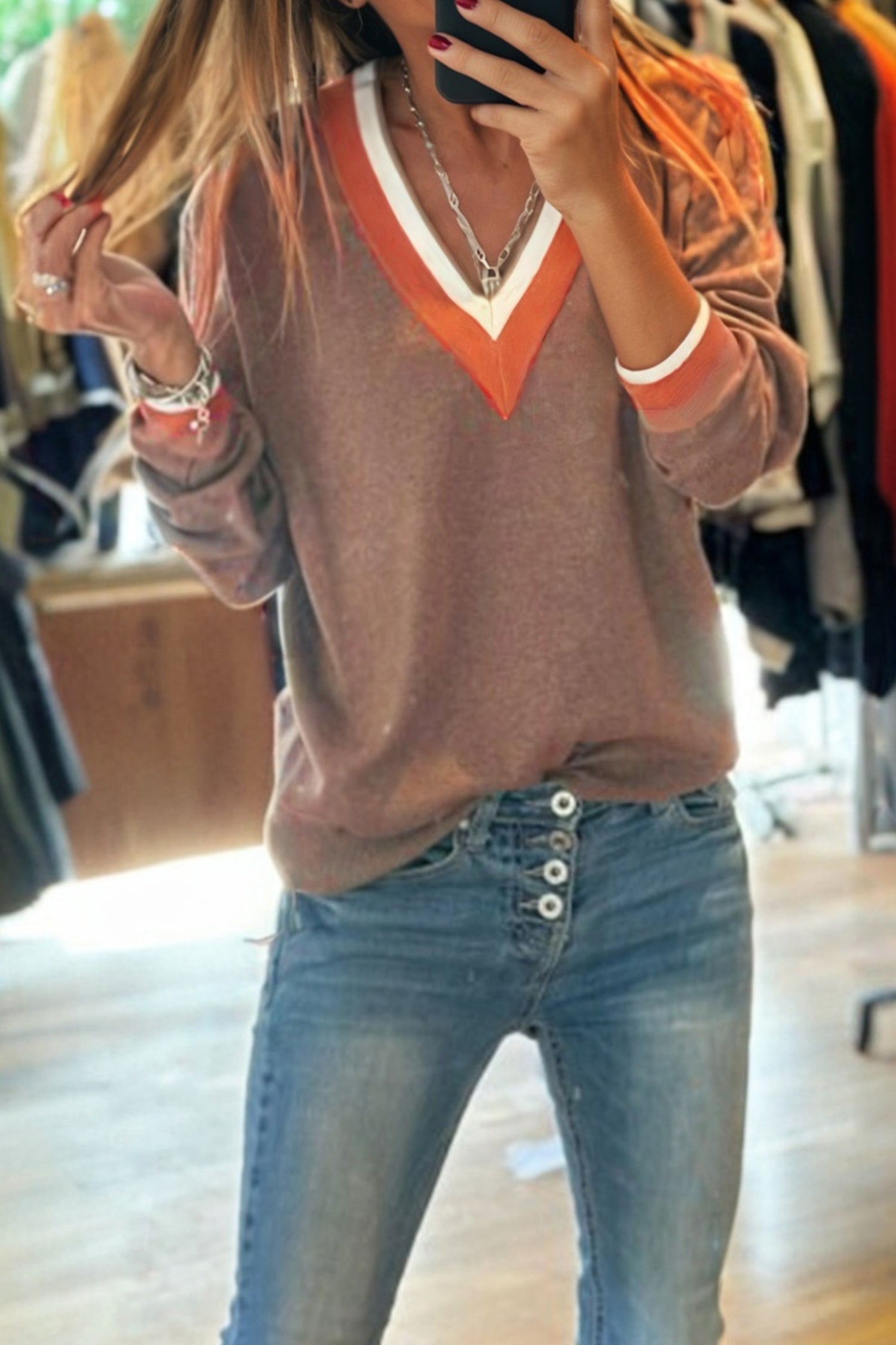 Black Contrast Striped Trim V Neck Varsity Sweater