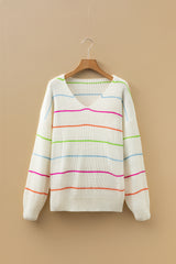 White Colorful Striped Detail V Neck Drop Shoulder Baggy Sweater