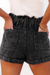 Black Vintage Washed Frilled High Waist Denim Shorts