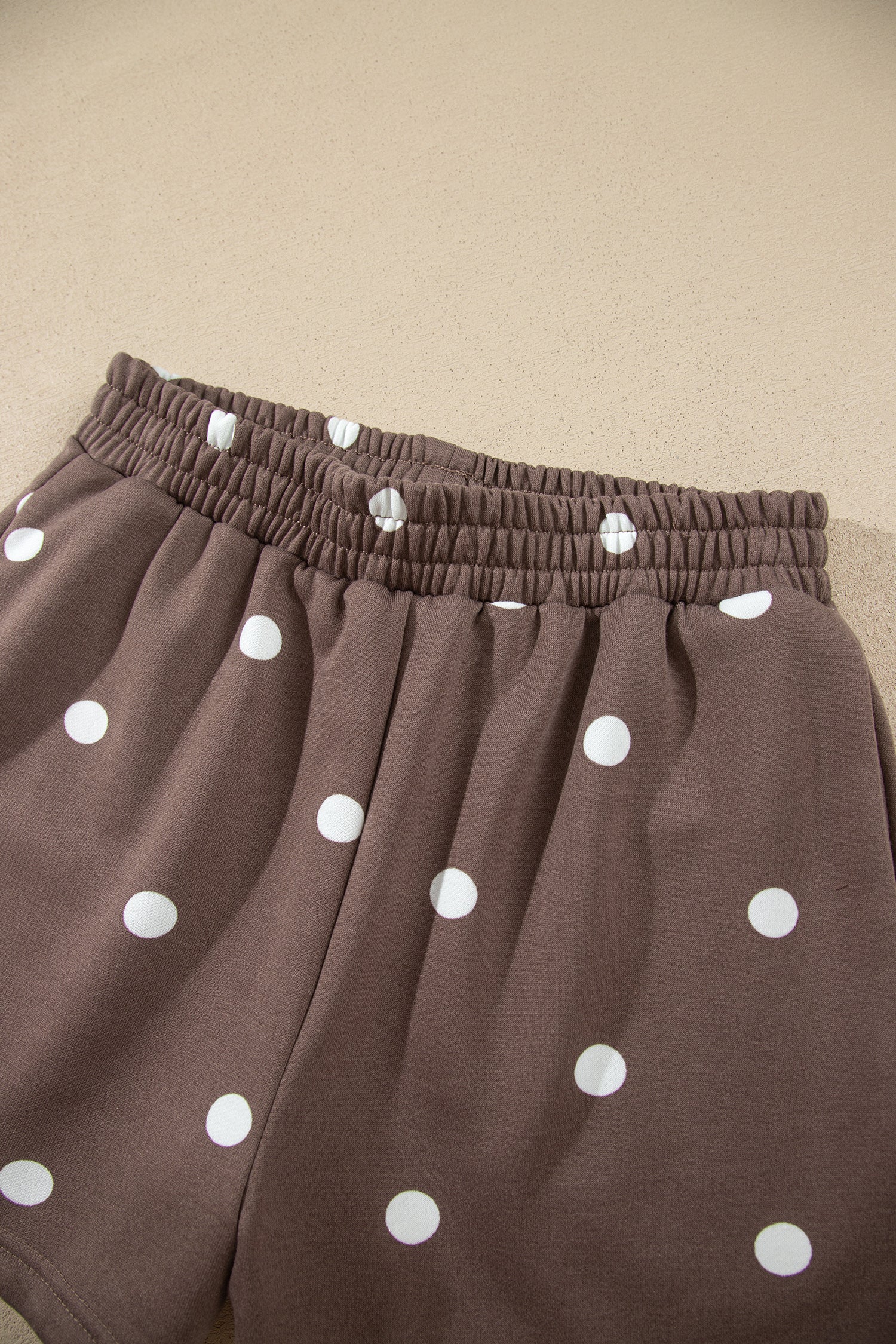 Brown Polka Dot Ribbed Trim Long Sleeve Top Casual Short Set