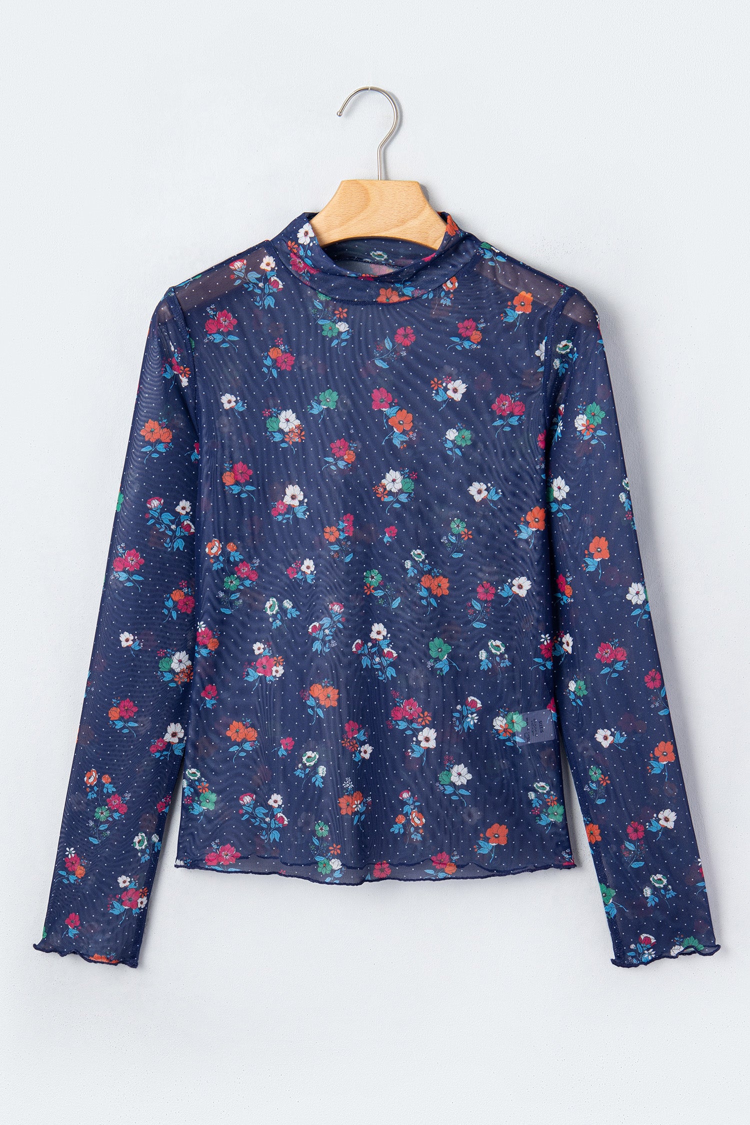 Blue Polka Dot Floral Mesh Long Sleeve High Neck Pullover Sheath Top