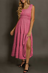 Rose Shirred Pleated Square Neck Sleeveless Midi Dress