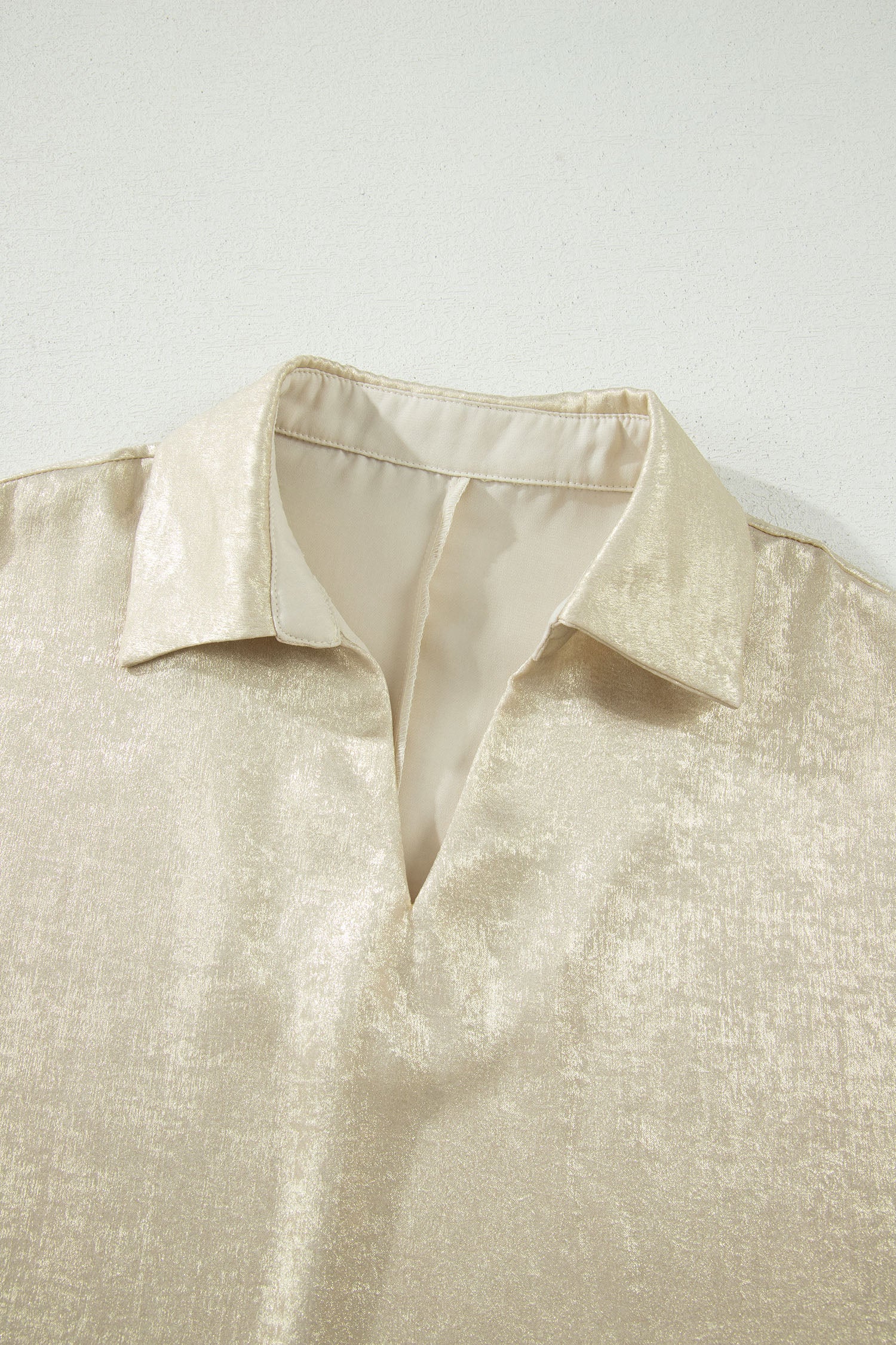 Strawberry Pink Collared V Neck Half Sleeve Metallic Top