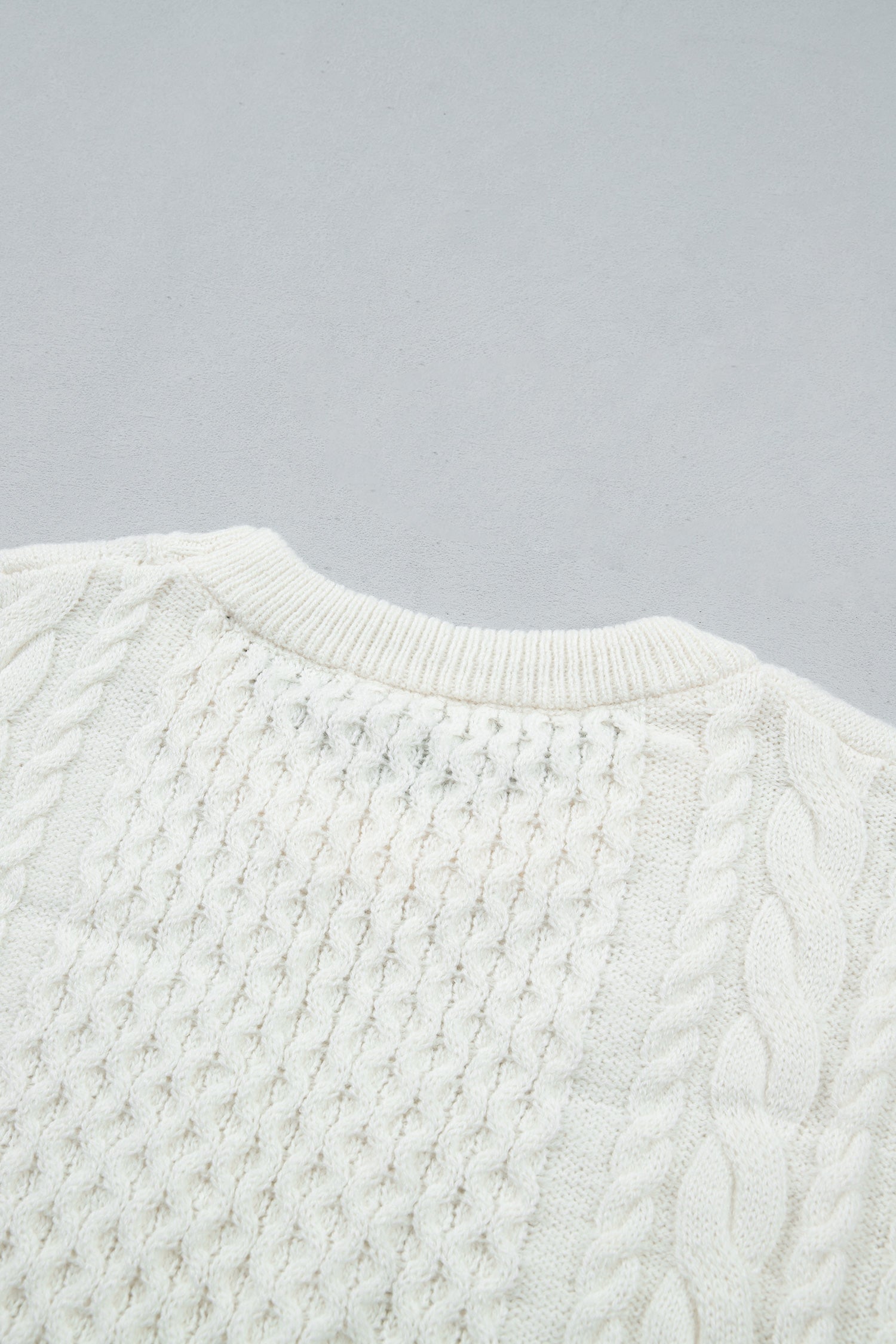 Beige Solid Color Cable Detail Knit Loose Round Neck Sweater