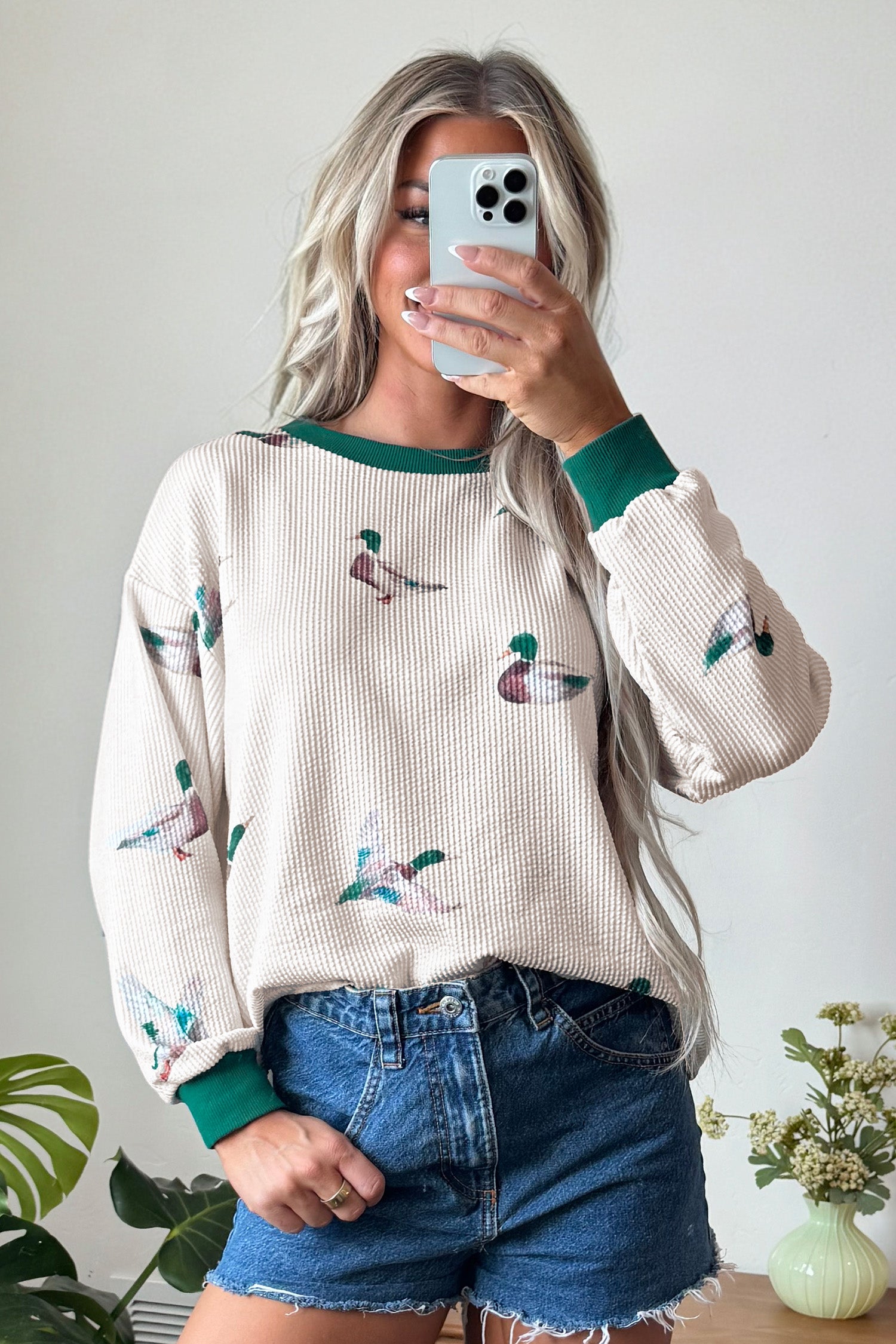 Beige Twisted Ribbed Duck Print Crewneck Casual Pullover Top