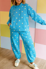 Blue Polka Dot Hooded Drawstring Long Sleeve Plus Size Set
