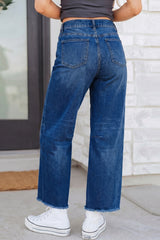 Sail Blue Frayed Cropped Barrel Jeans