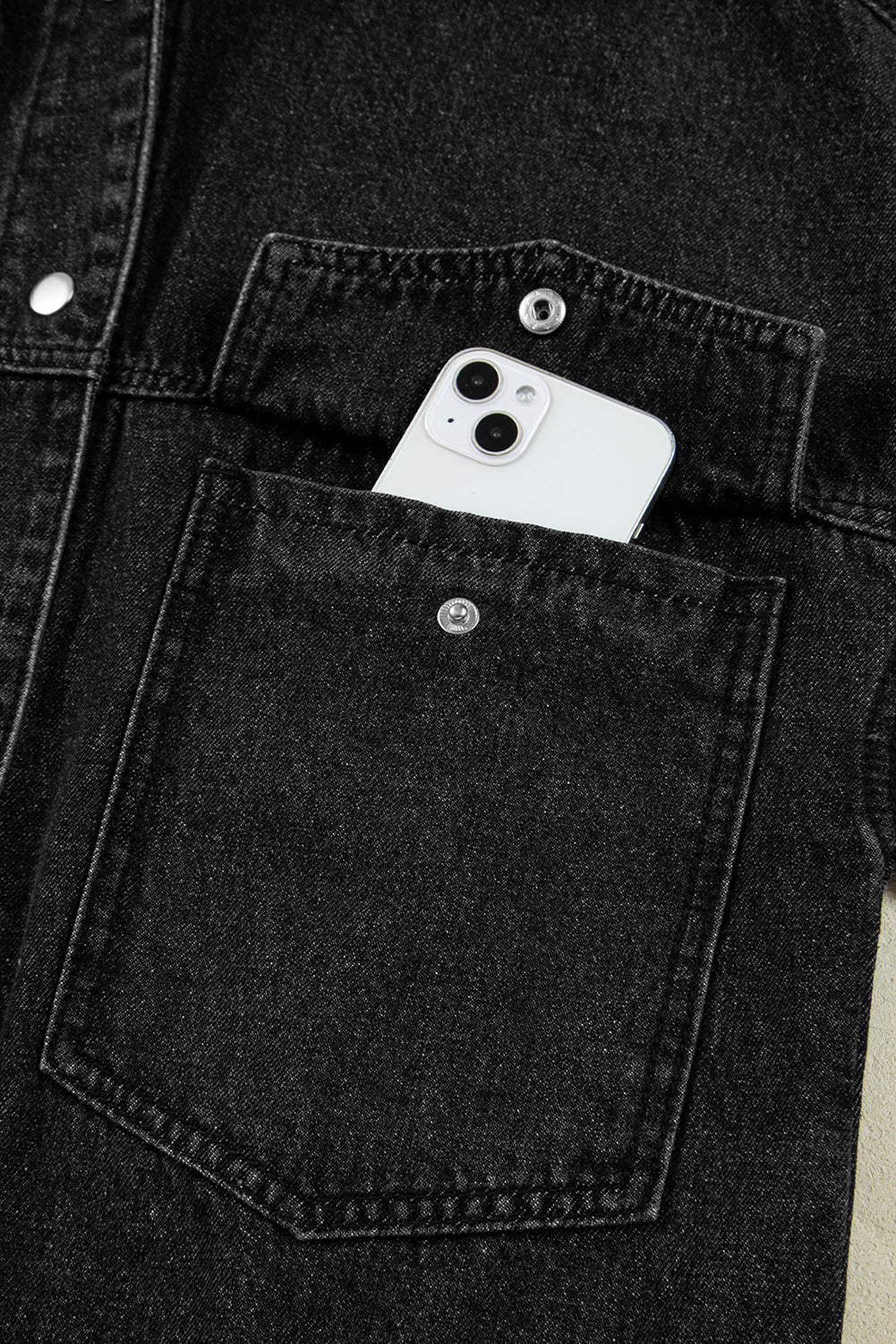 Black Chest Pocket Drop Shoulder Hooded Denim Jacket