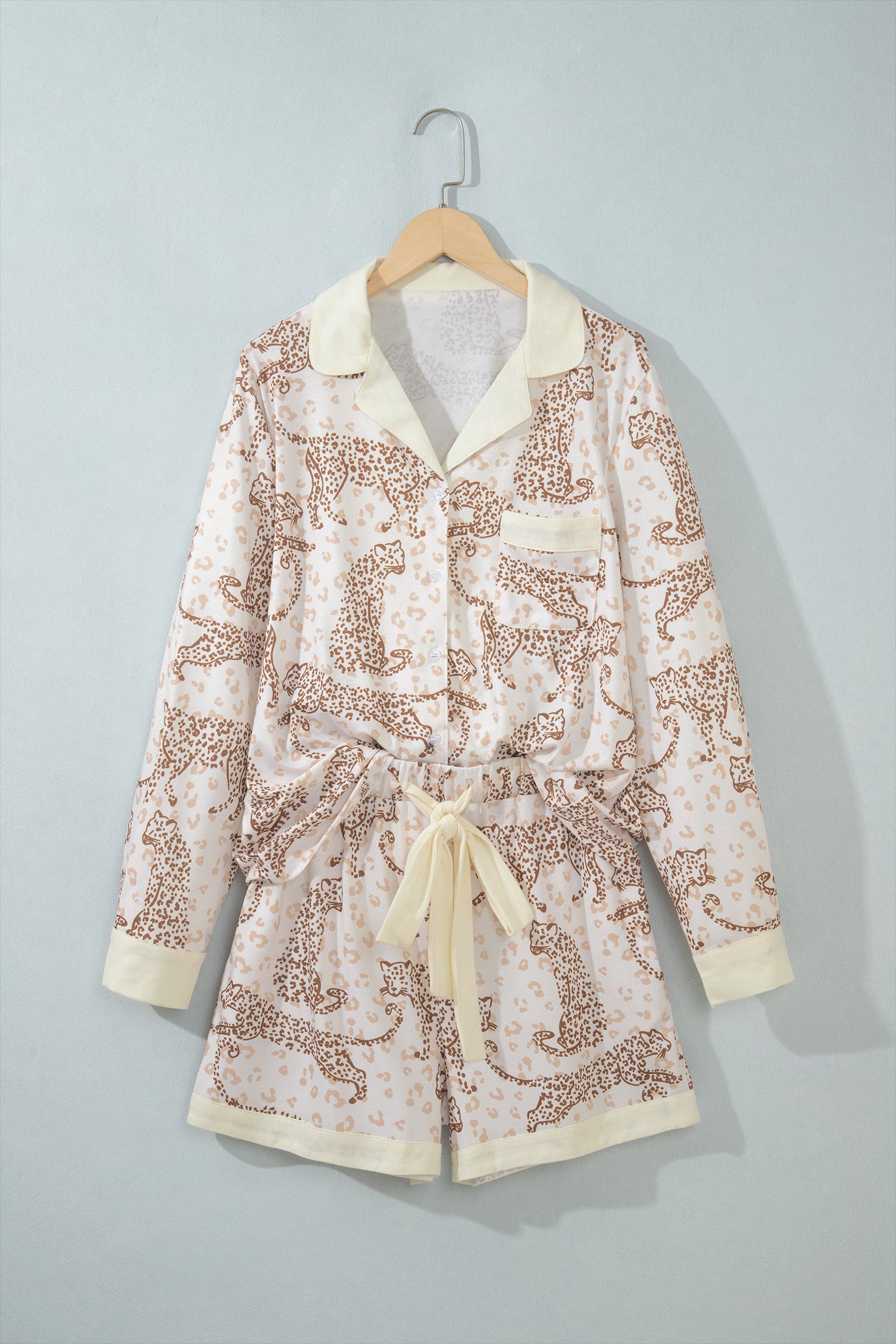 Yellow Leopard Print Colorblock Pocket Placket Long Sleeve Lounge Set