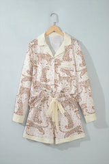 Yellow Leopard Print Colorblock Pocket Placket Long Sleeve Lounge Set