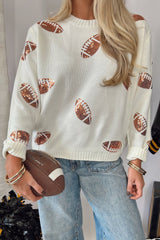 Beige Sequin Football Print Round Neck Long Sleeve Loose Fit Sweater