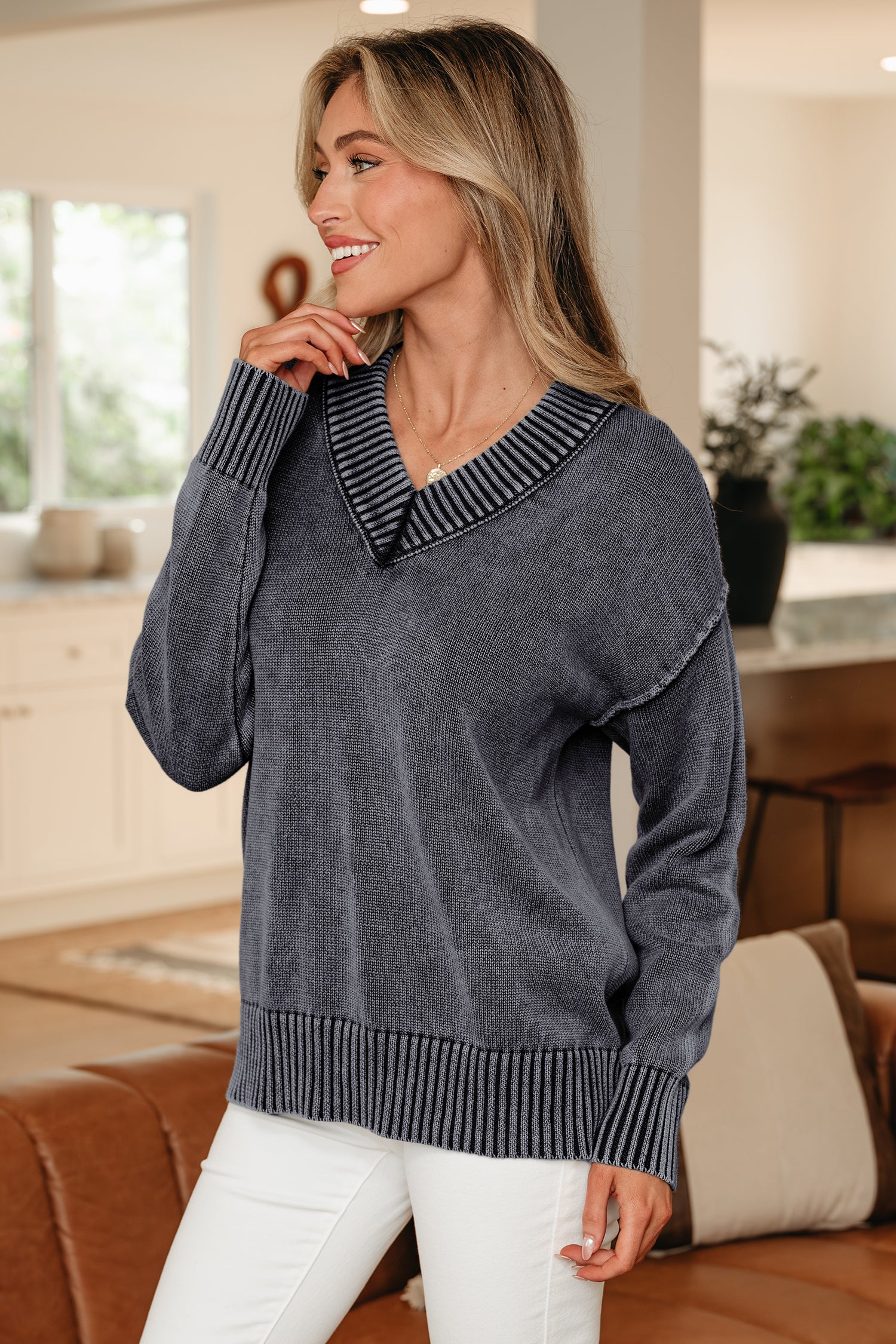 Four Leaf Clover Mineral Wash V Neck Knit Exposed Seam Drop Shoulder Loose Sweater