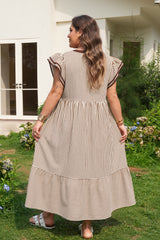 Brown Stripe Plus Size Slit V Neck Tiered Flutter Sleeve Maxi Dress