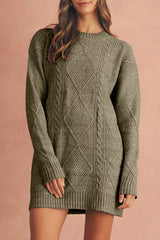 Mist Green Twist Cable Knit Drop Shoulder Loose Fit Sweater Dress