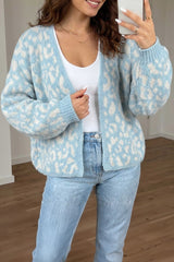 Light Blue Leopard Print V Neck Long Sleeve Loose Fit Knit Cardigan