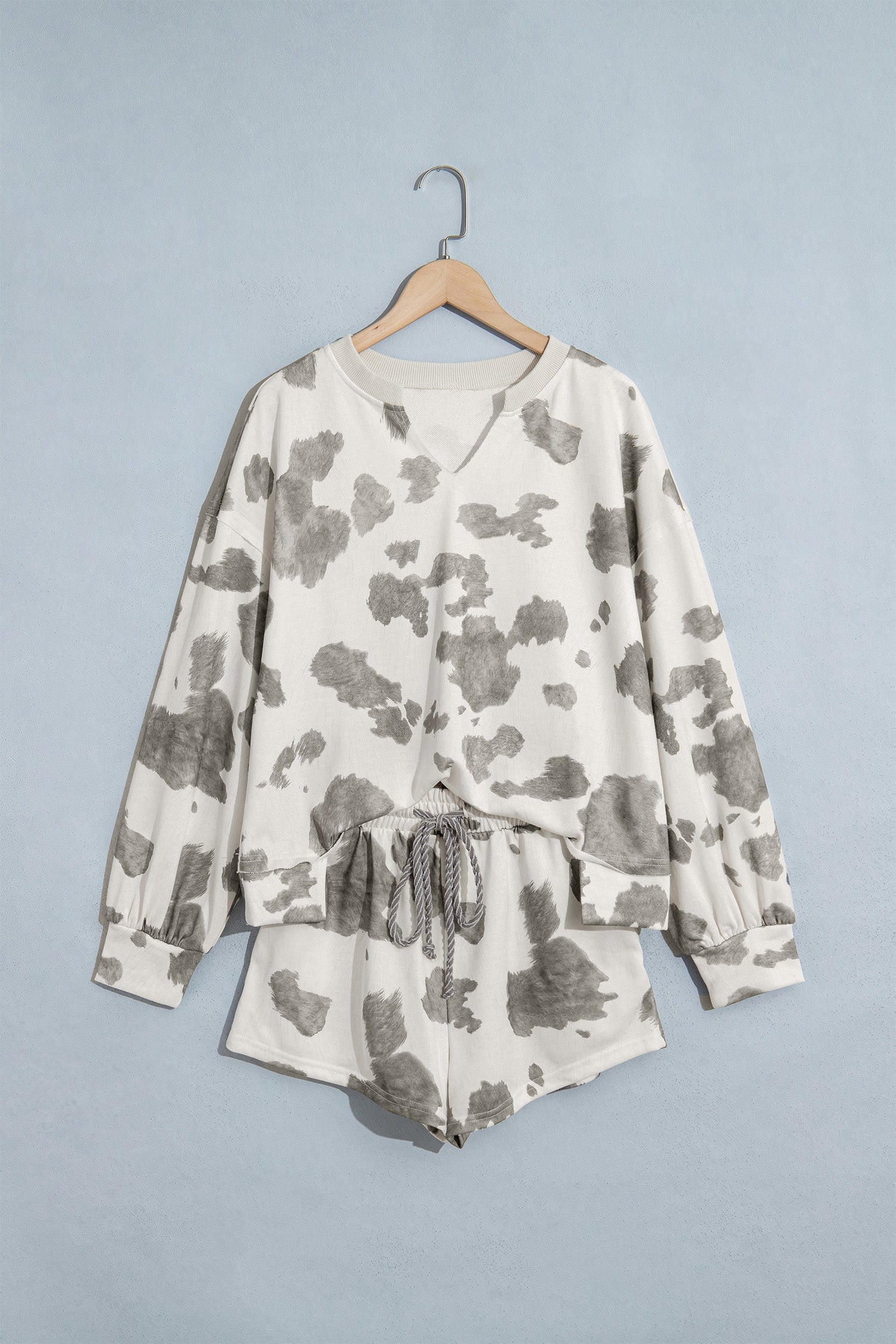Gray Western Print Raw Hem Long Sleeve Top Drawstring Shorts Set