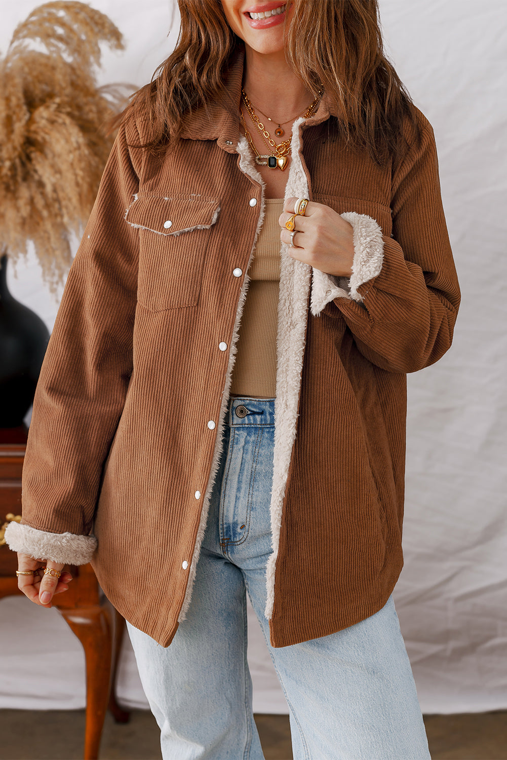 Cinnamon Fleece Lined Buttoned Flap Pockets Corduroy Jacket