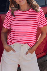 Black Stripe Scalloped Trim Round Neck T Shirt