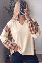 Beige Waffle Textured V Neck Plaid Colorblock Drop Shoulder Long Sleeve Top
