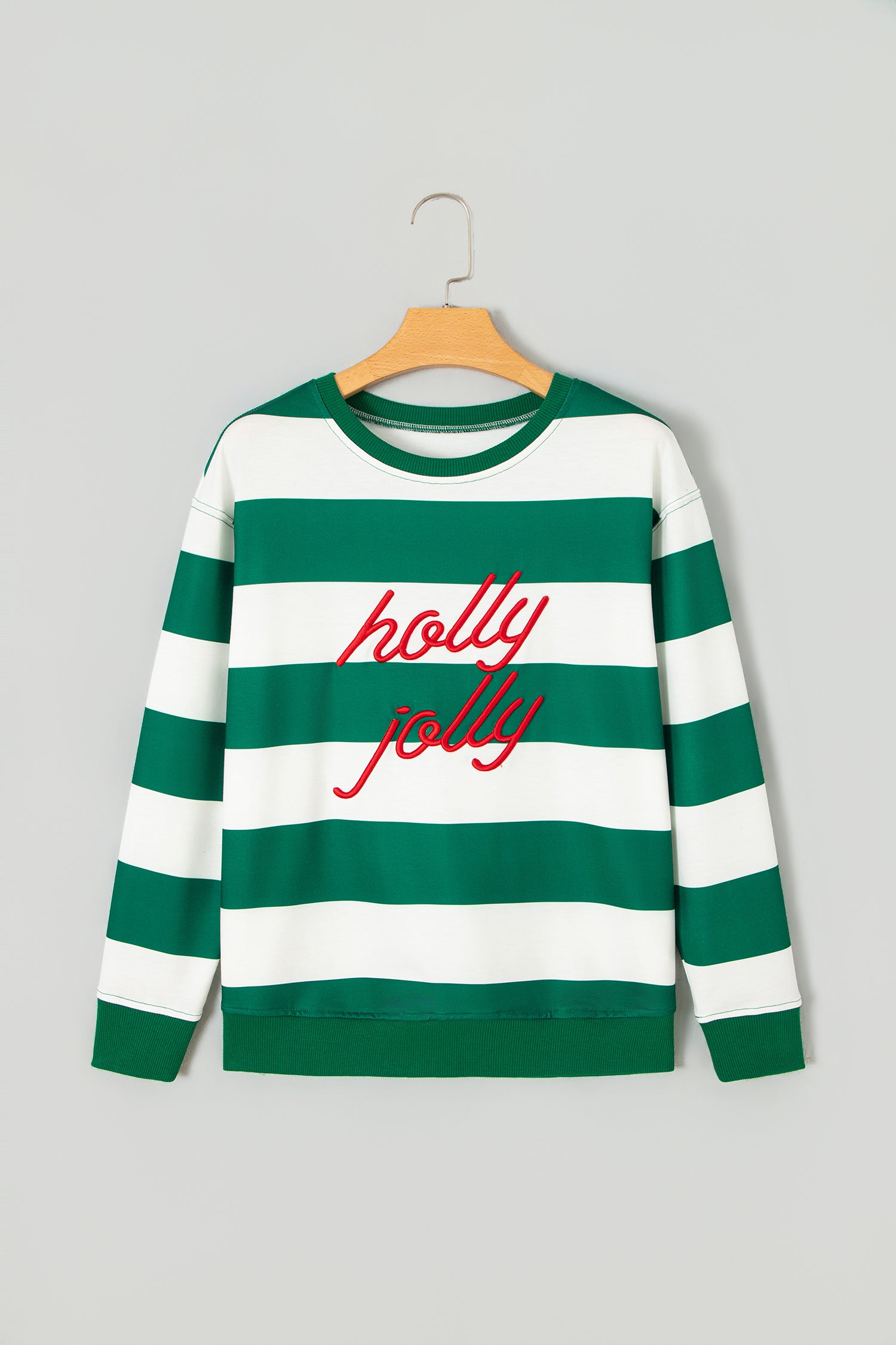 Red Stripe holly jolly Letter Embroidered Pullover Sweatshirt