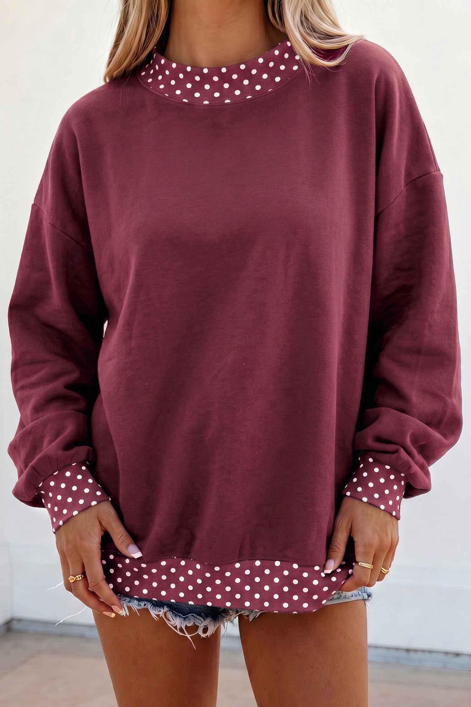 Dark Green Colorblock Polka Dot Contrast Trim Oversized Sweatshirt