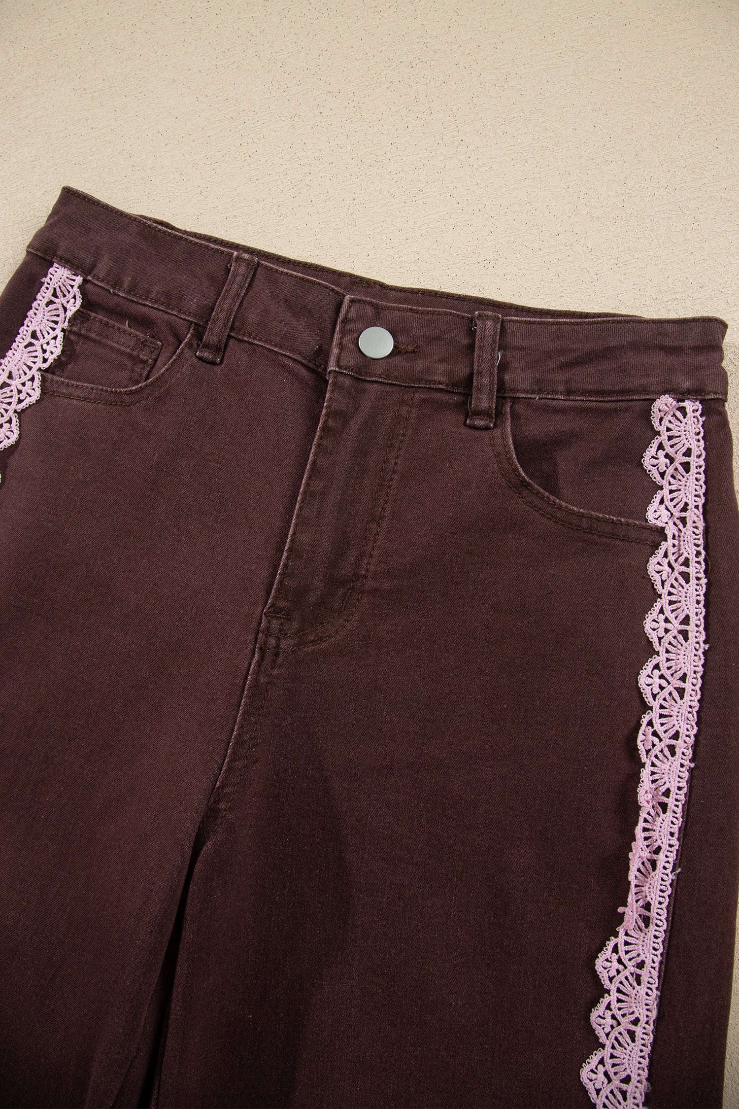 Coffee Lace Trim Casual Full-Length Regular Fit Jeans