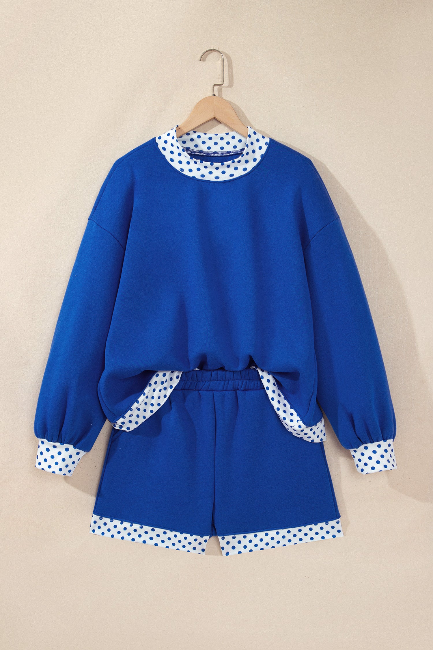 Navy Blue Polka Dot Trim Baggy Pullover 2pcs Short Set