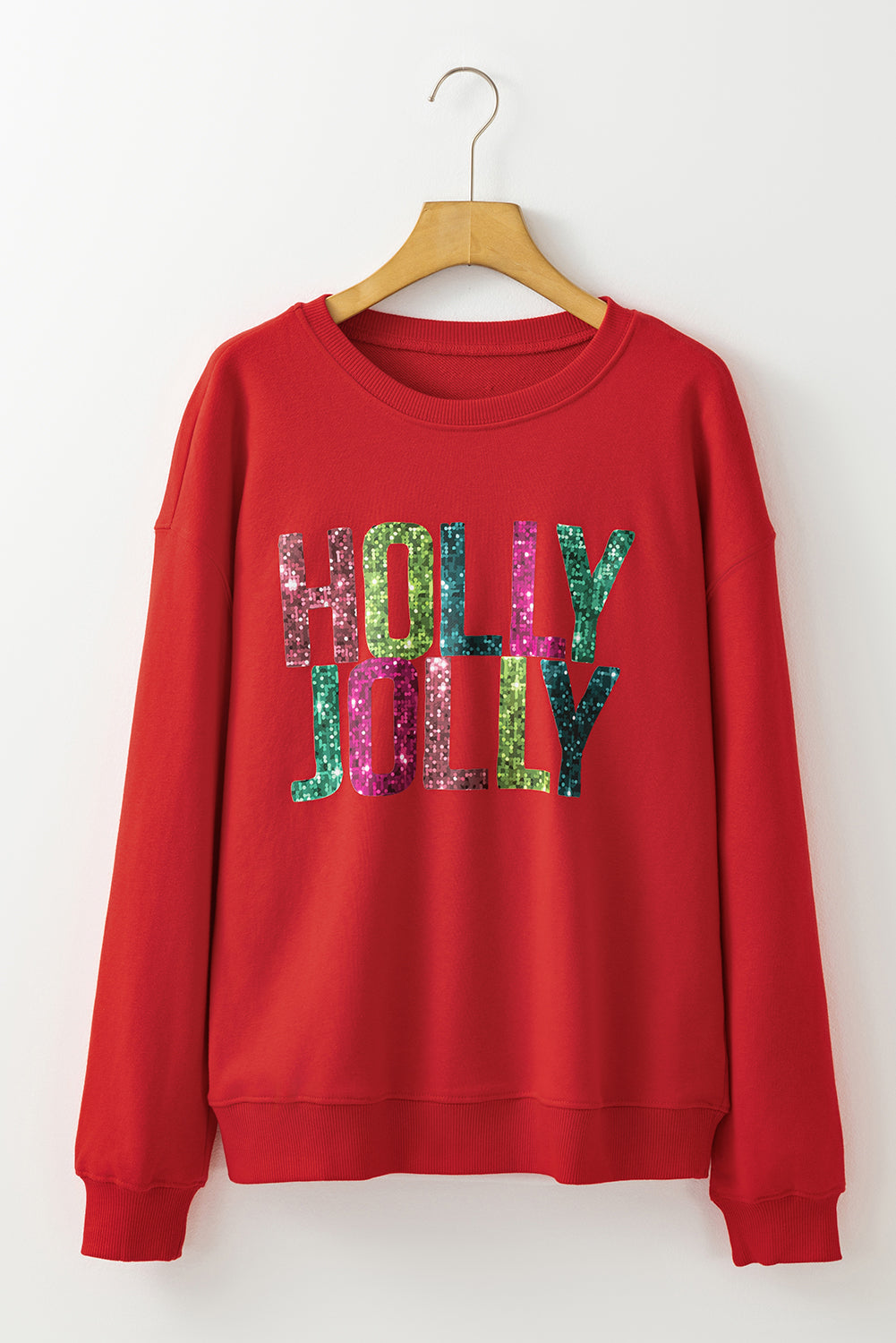 Red HOLLY JOLLY Heat Transfer Printing Graphic Christmas Pullover Sweatshirt