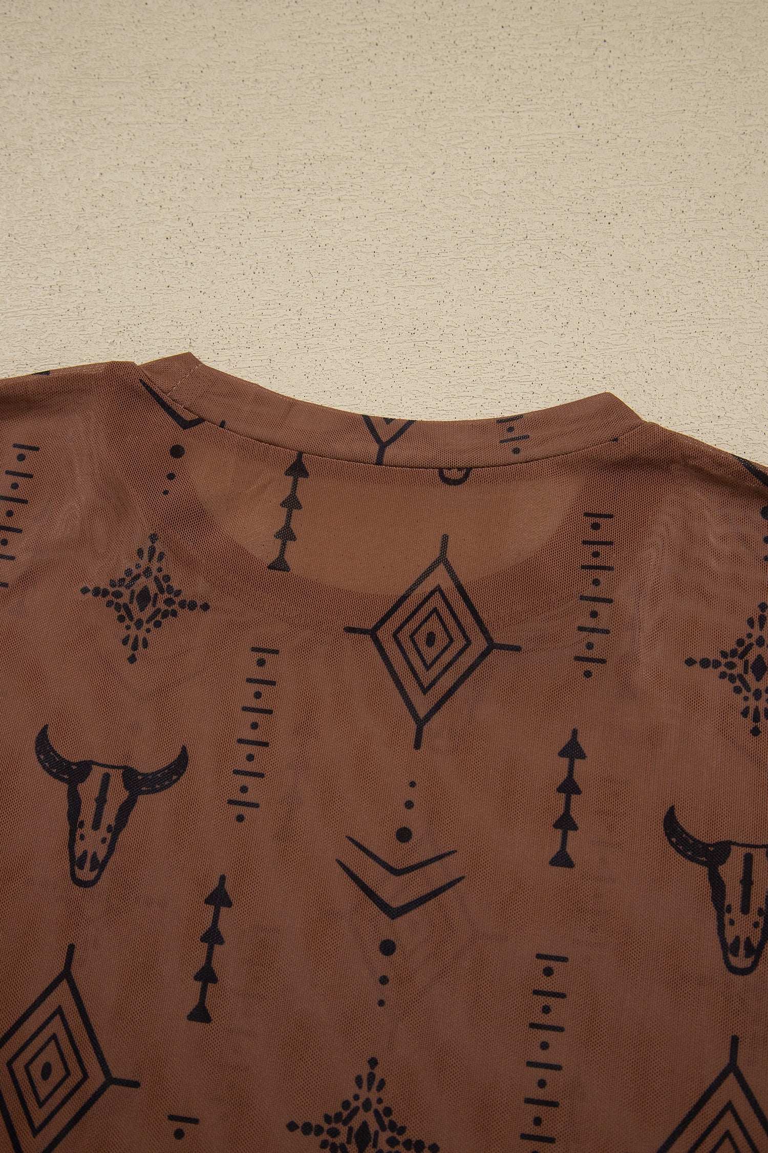 Chestnut Retro Western Print Mesh Long Sleeve Sheath Top