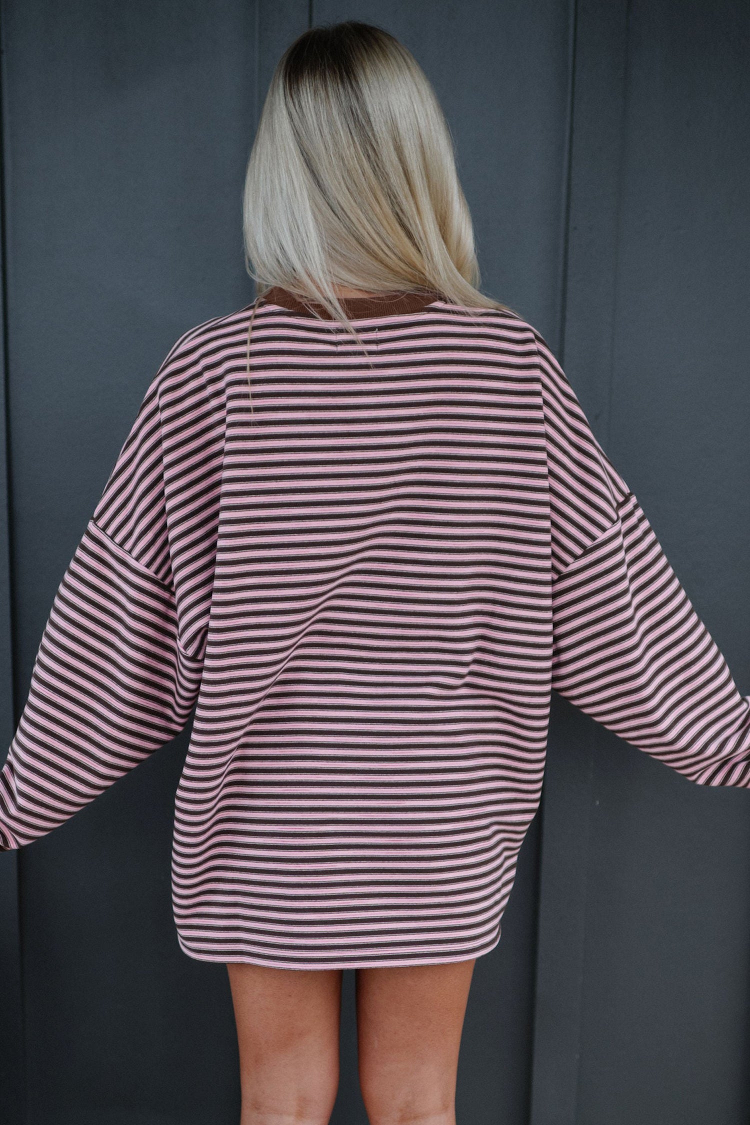 Sky Blue Stripe Long Sleeve Oversized Top Pocketed Casual Shorts Two Piece Set
